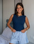 Women Summer Pajama set Dark Blue Top + White X Indigo Stripes Shorts